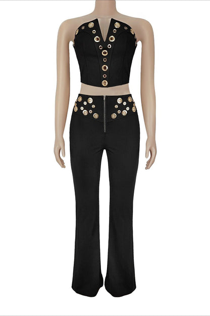Strapless Grommet V-Neck Flare Pant Set Lavish Daily