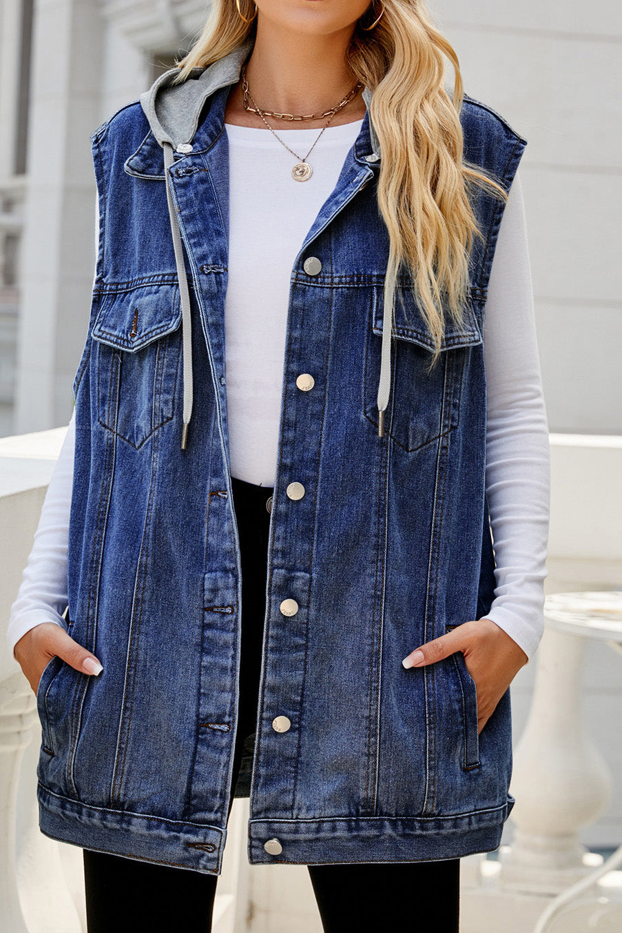Vintage Denim Vest with Detachable Hood Lavish Daily
