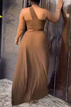 Solid One Shoulder Crop Top and Slit Skirt Set Lavish Daily