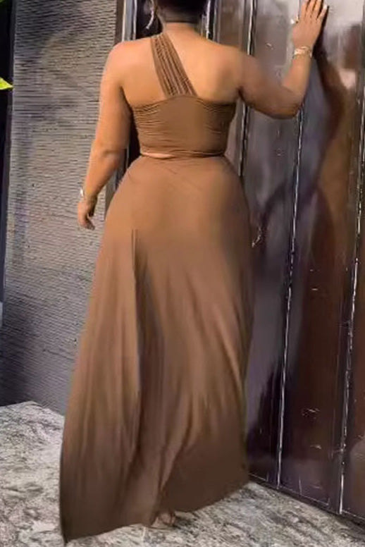 Solid One Shoulder Crop Top and Slit Skirt Set Lavish Daily