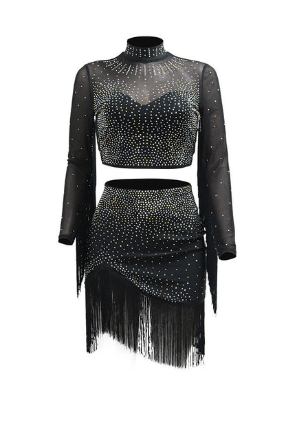 Rhinestone Mesh Fringe Skirt Set Lavish Daily