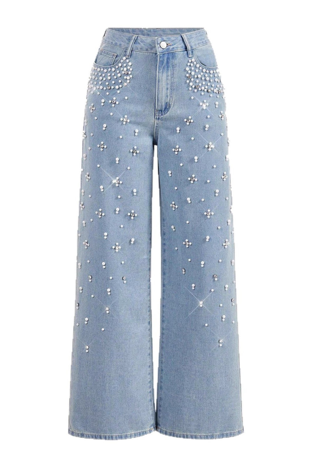 Pearl & Rhinestone Embellished Wide Leg Jeans LavishDaily