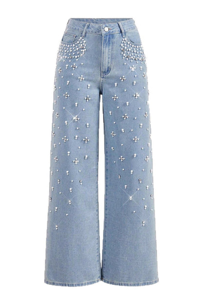 Pearl & Rhinestone Embellished Wide Leg Jeans LavishDaily