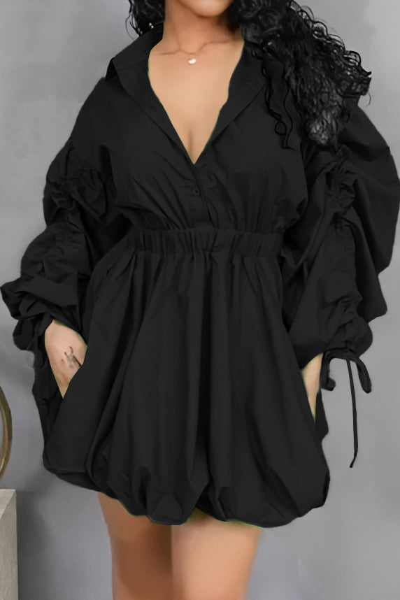 Ruched-Sleeve Button-Front Dress Lavish Daily