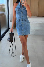 Flap Pocket Button Front Sleeveless Denim Dress Lavish Daily