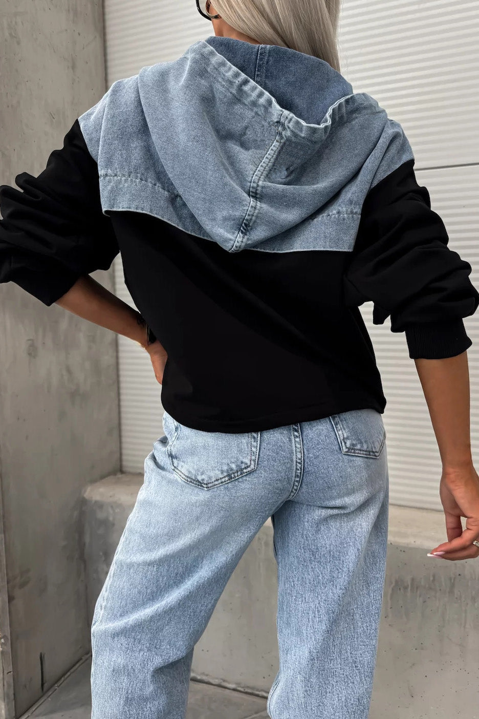 Loose Wash Denim Patchwork Hoodie Lavish Daily