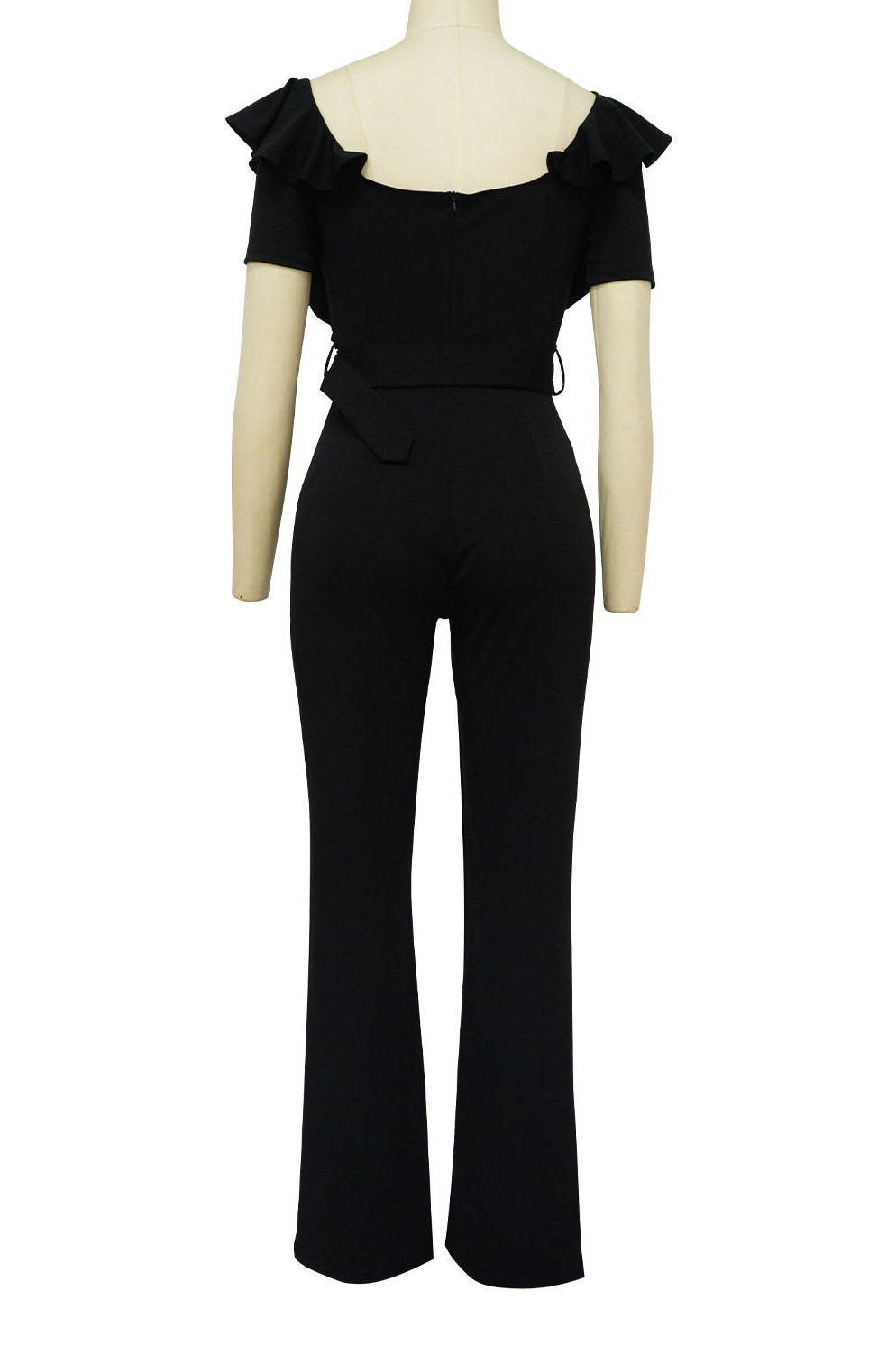 Plunging Ruffle Off-The-Shoulder Belted Flared Jumpsuit Lavish Daily