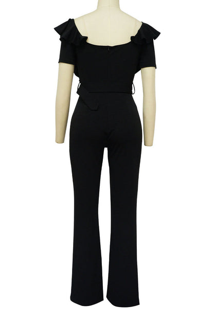 Plunging Ruffle Off-The-Shoulder Belted Flared Jumpsuit Lavish Daily
