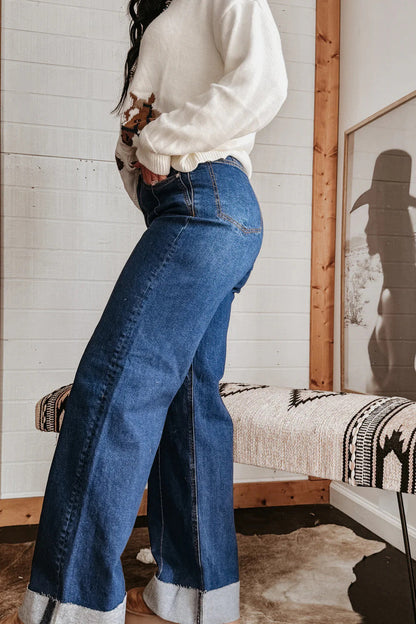 Stretch Cuffed Wide Leg Front Seam Jeans Lavish Daily