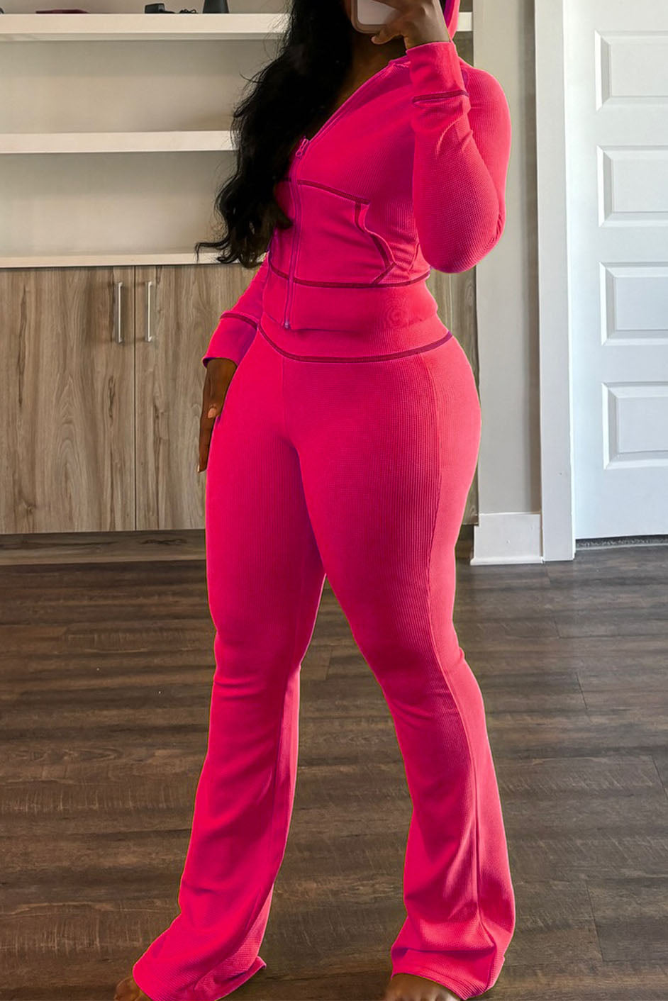 Waffle Sleeve Raglan Hooded Suit Lavish Daily