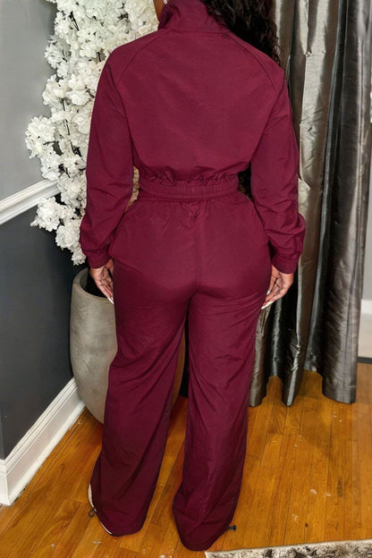 Zip-Front Piped Top & Wide-Leg Pants Set Lavish Daily