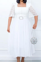 Square Neckline Lace Sleeve Midi Party Dress Lavish Daily