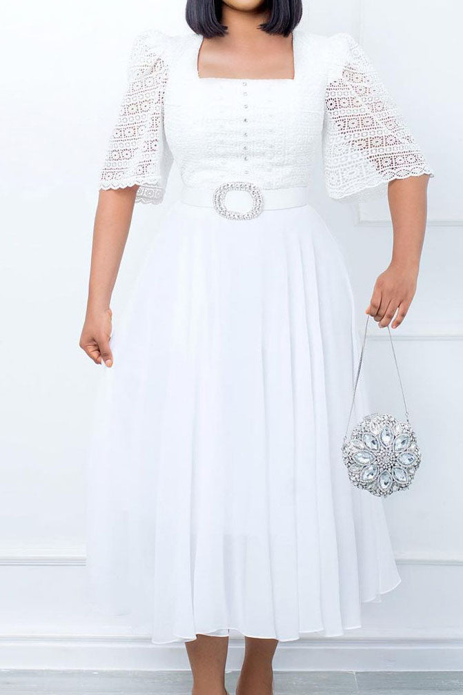 Square Neckline Lace Sleeve Midi Party Dress Lavish Daily