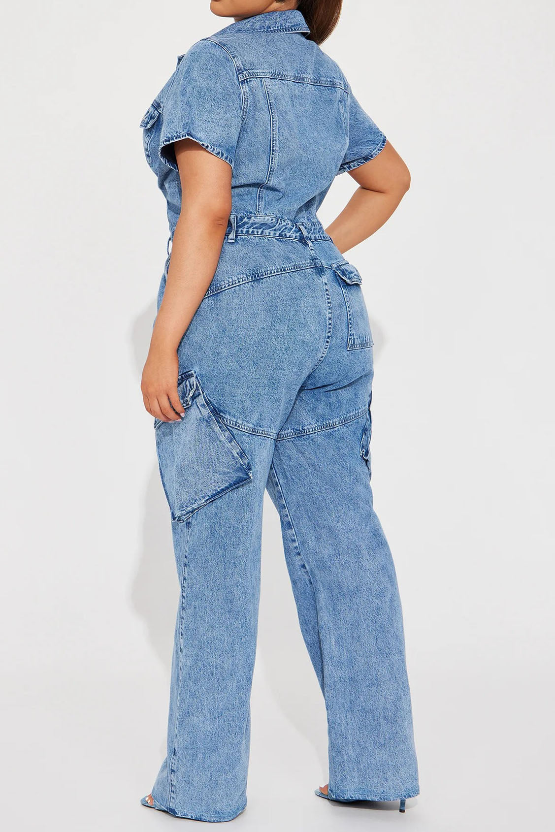 Blue Wash Short Sleeve Denim Jumpsuit Lavish Daily