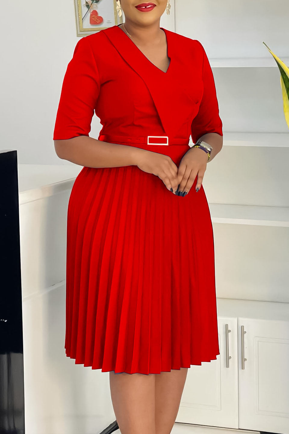 Solid Belted Pleated Dress Lavish Daily