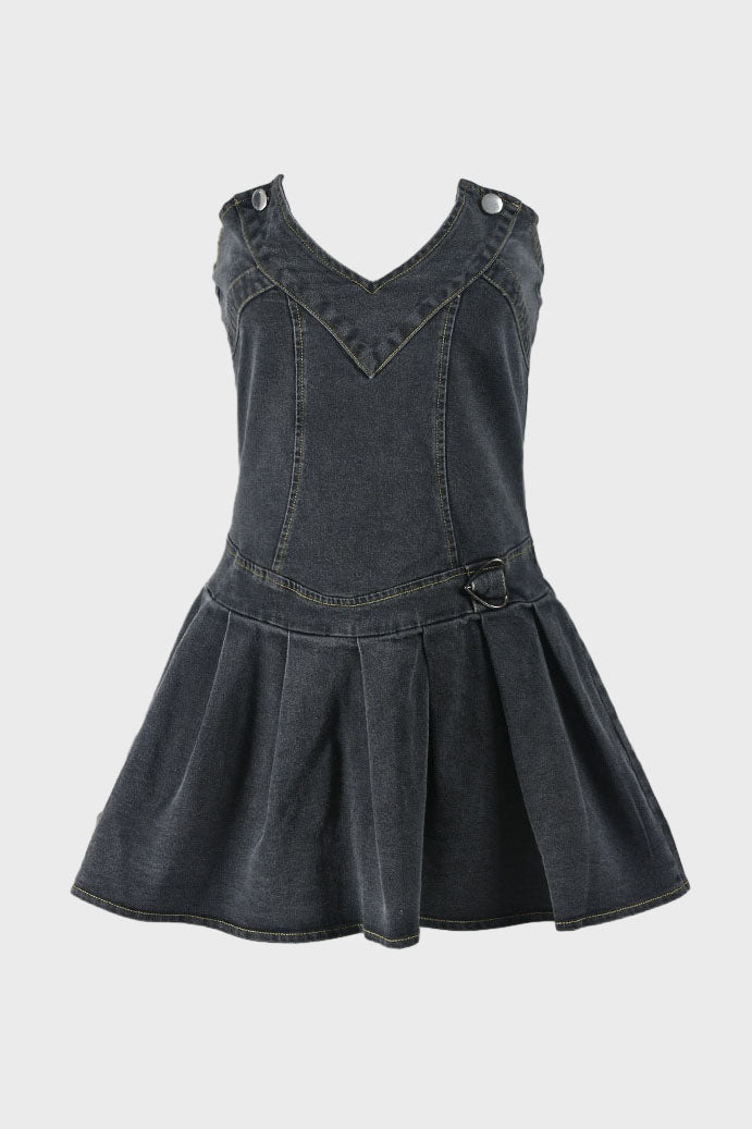 V Neck Pleated Denim Dress Lavish Daily