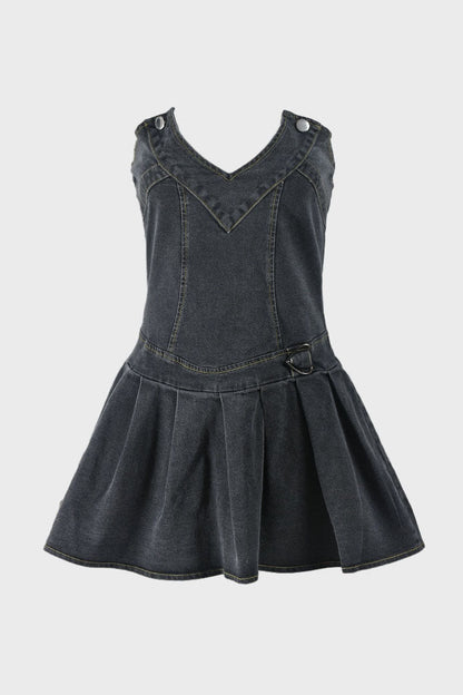 V Neck Pleated Denim Dress Lavish Daily