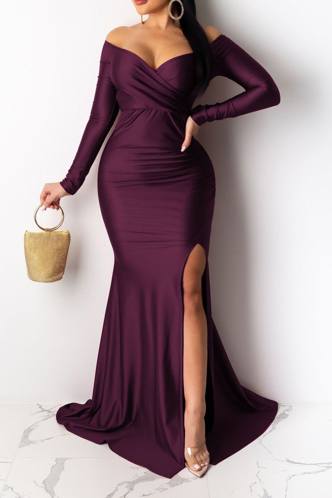 Off-Shoulder Long Sleeve Sweep Train Dress LavishDaily