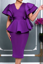 V-Neck Peplum Midi Dress Lavish Daily