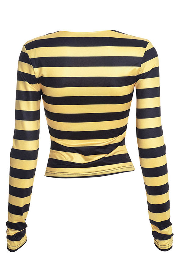 Striped Graphic V-Neck Long-Sleeve Crop Top Lavish Daily