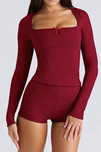 Square Neck Bow Long Sleeve Top & Shorts Set Lavish Daily