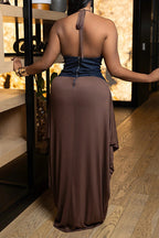 Slim Fit Denim Patchwork Deep V Slit Dress Lavish Daily
