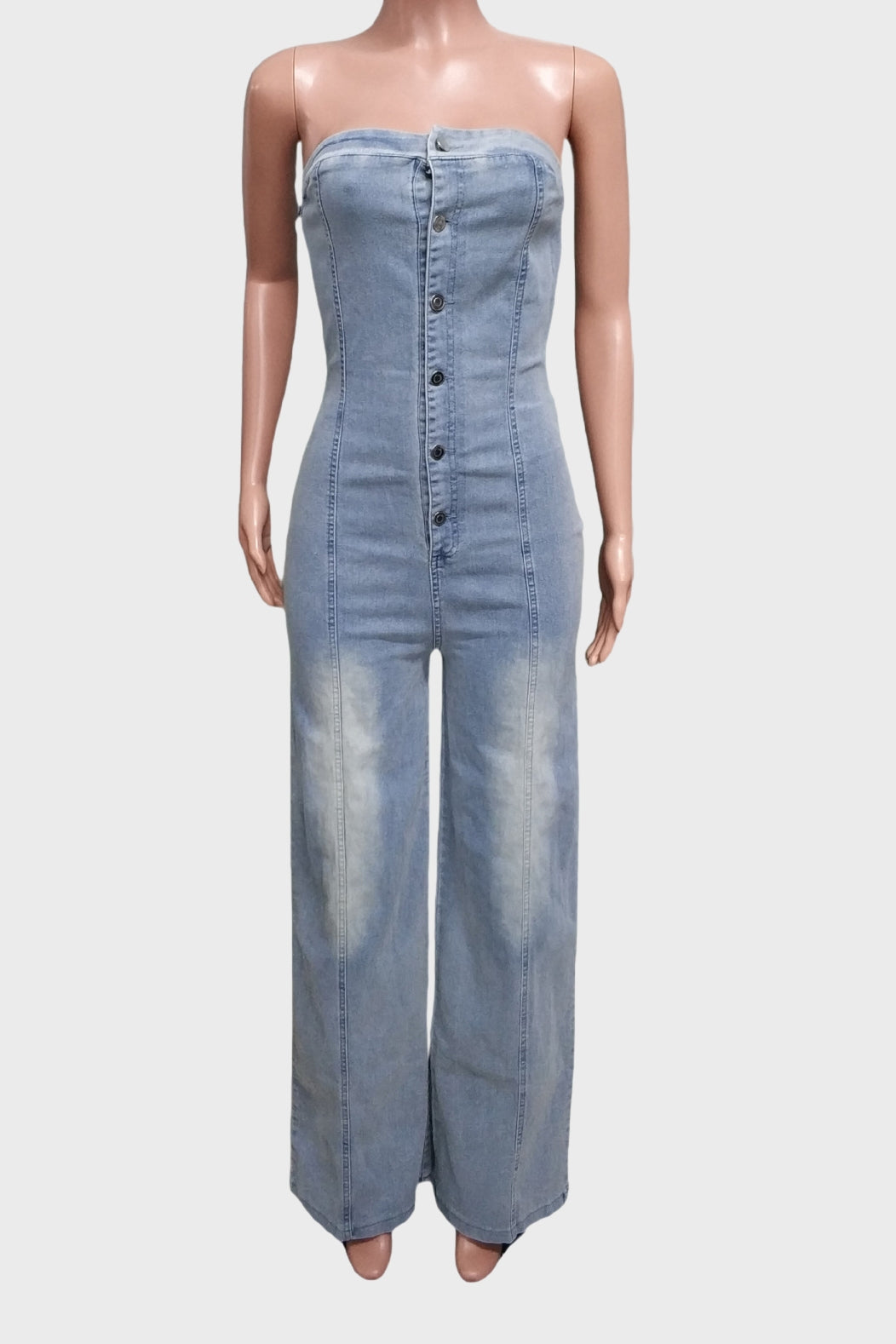 Denim Button Strapless Jumpsuit Lavish Daily