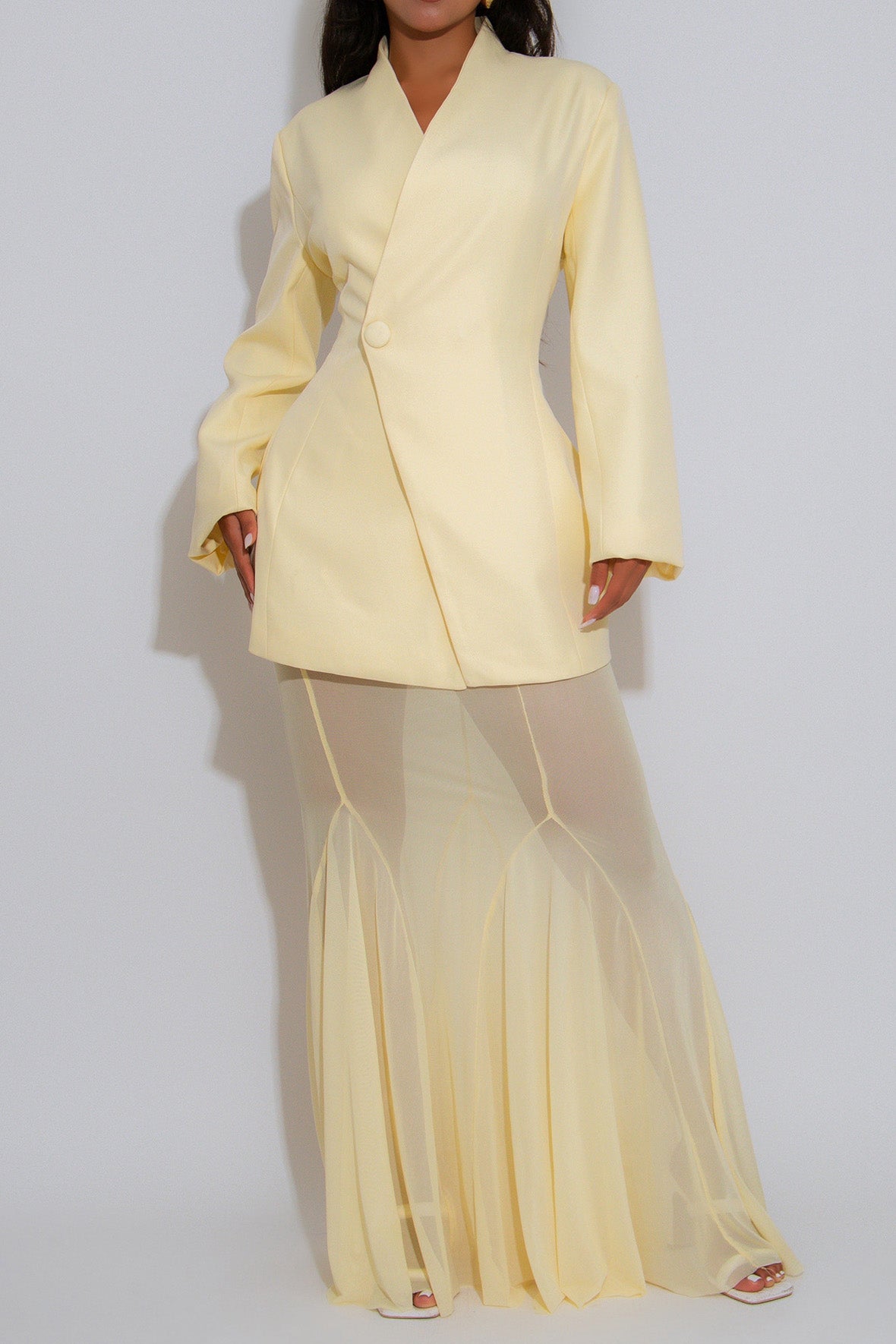 Collarless Blazer and Mesh Skirt Set Lavish Daily