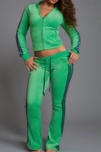 Zip Up Drawstring Stripe Flare Pants Set Lavish Daily