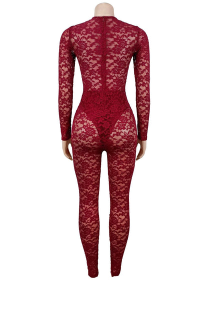 Sheer Lace Long-Sleeve Cutout Jumpsuit Lavish Daily