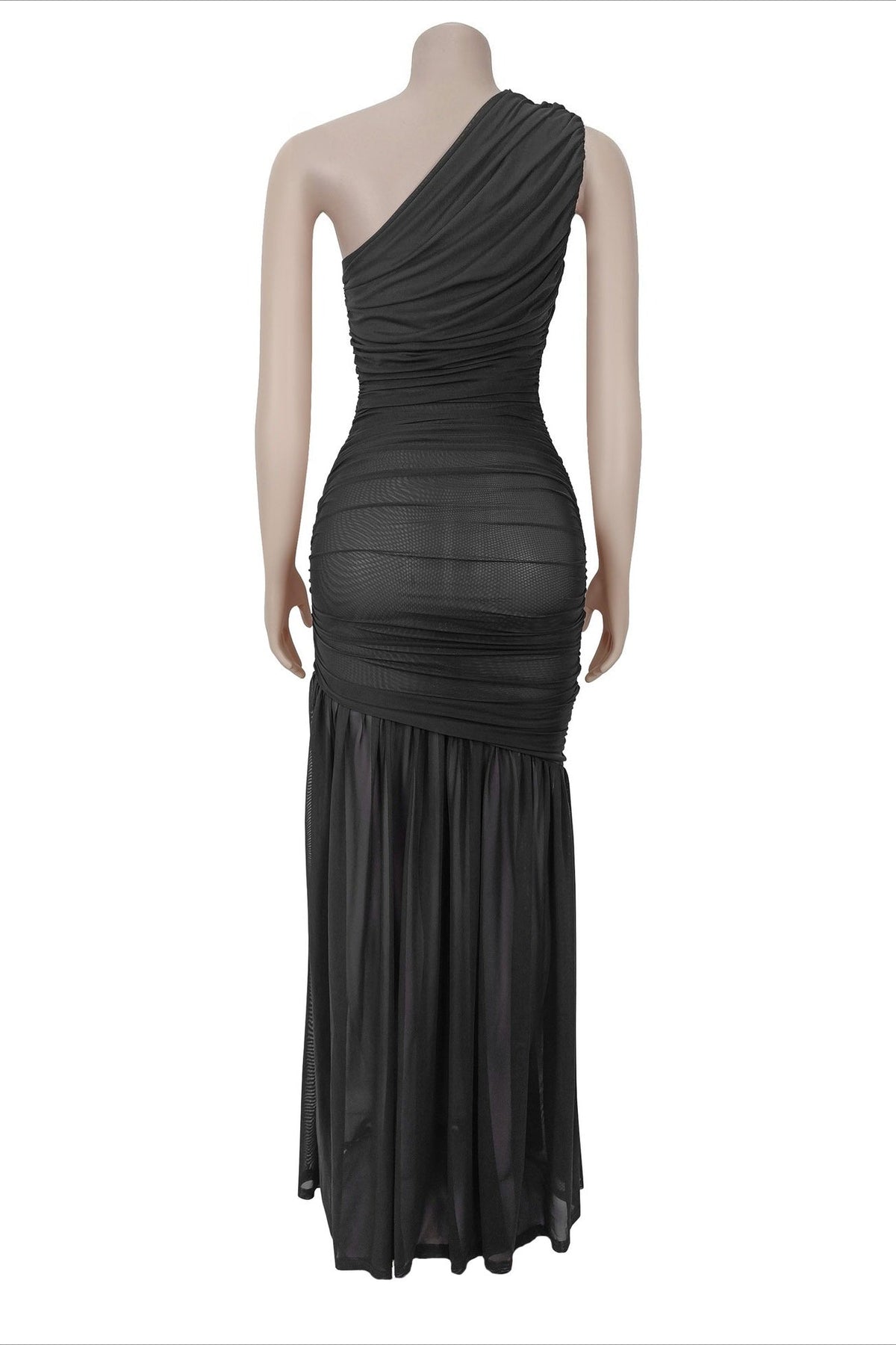One-Shoulder Ruched Mesh Maxi Dress Lavish Daily