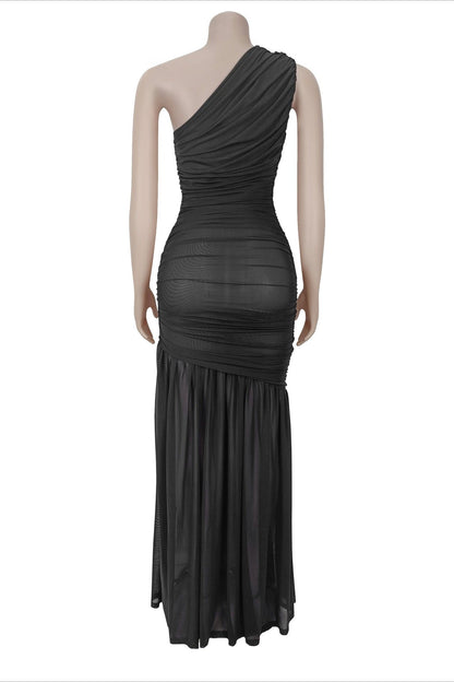 One-Shoulder Ruched Mesh Maxi Dress Lavish Daily