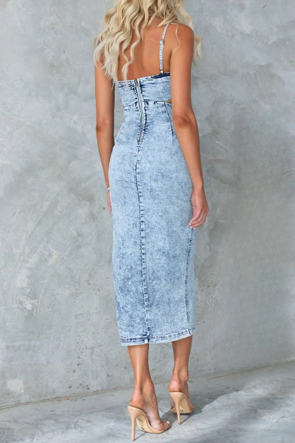 Denim Cutout Slit Spaghetti Strap Dress Lavish Daily