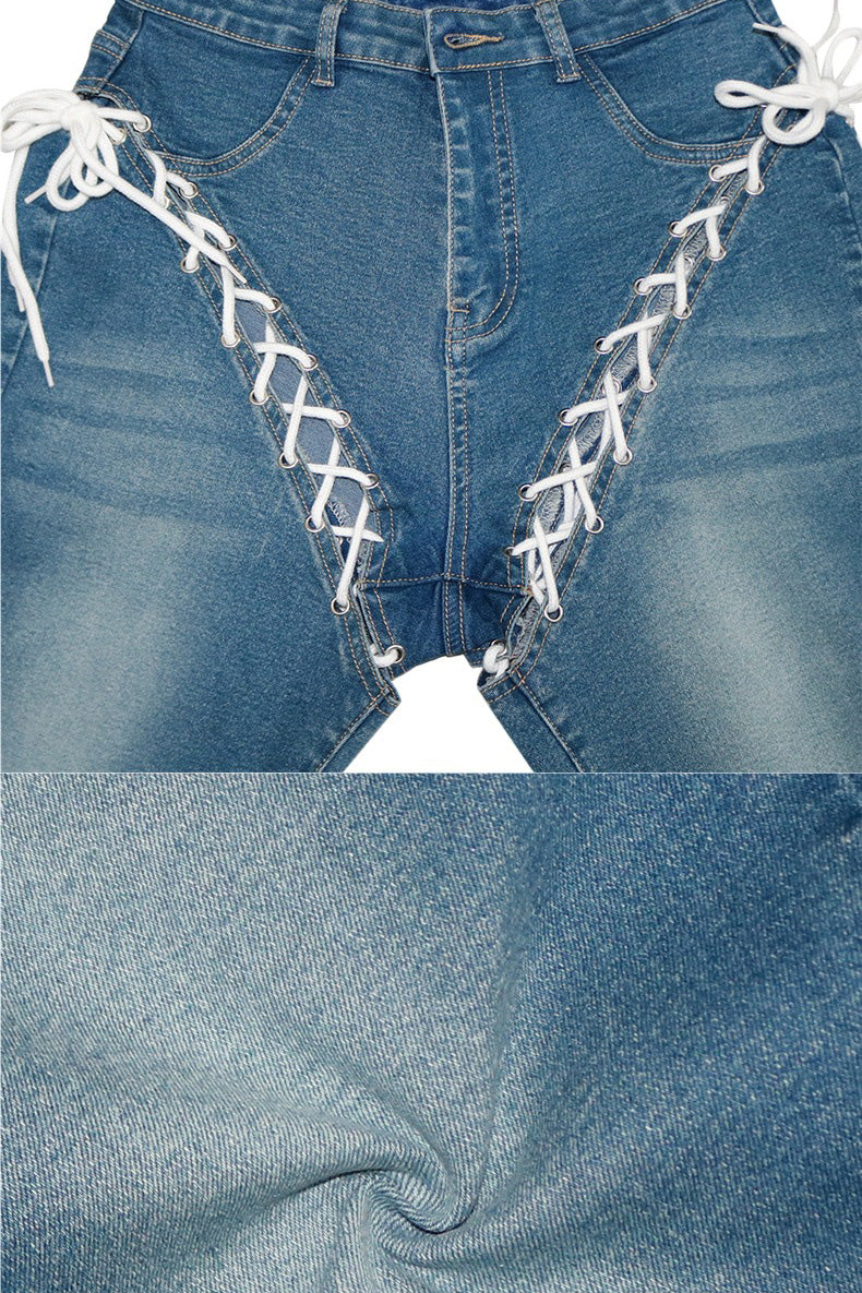 High-Rise Front & Back Lace-Up Cutout Jeans Lavish Daily