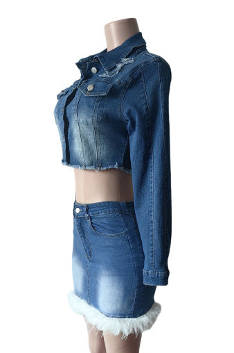 Denim Chic Feather-Trim Set Lavish Daily