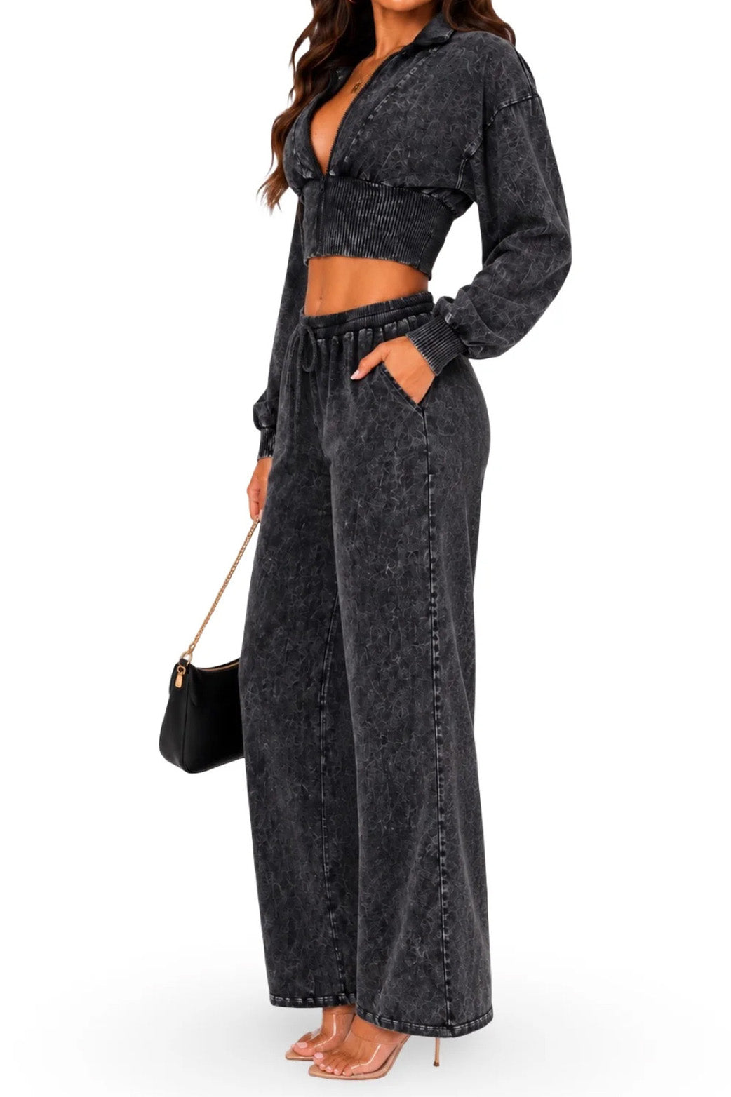 Washed Cropped Zip Jacket Wide Leg Pants Set Lavish Daily