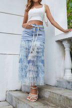Floral Mesh Spliced Denim Midi Skirt Lavish Daily
