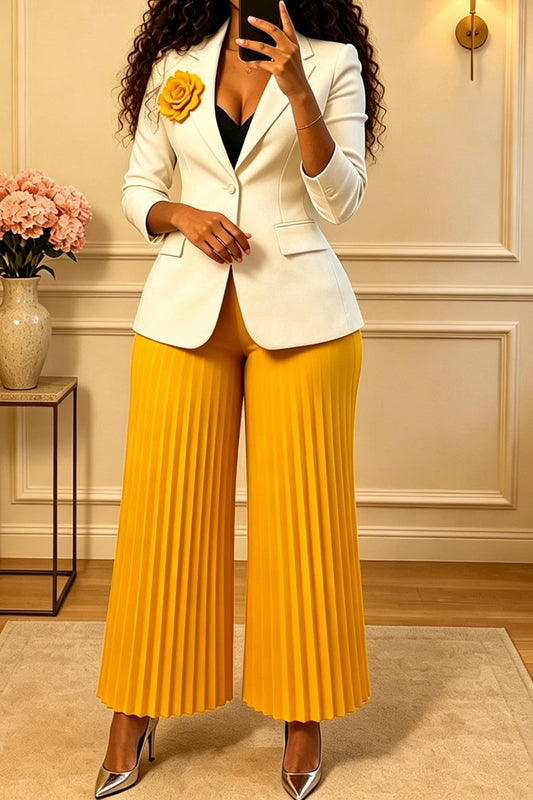 Floral Brooch Blazer Pleated Pants Set Lavish Daily
