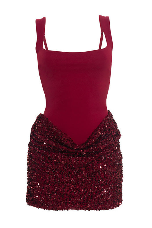 Square Neck Sequin Drape Mini Dress Lavish Daily