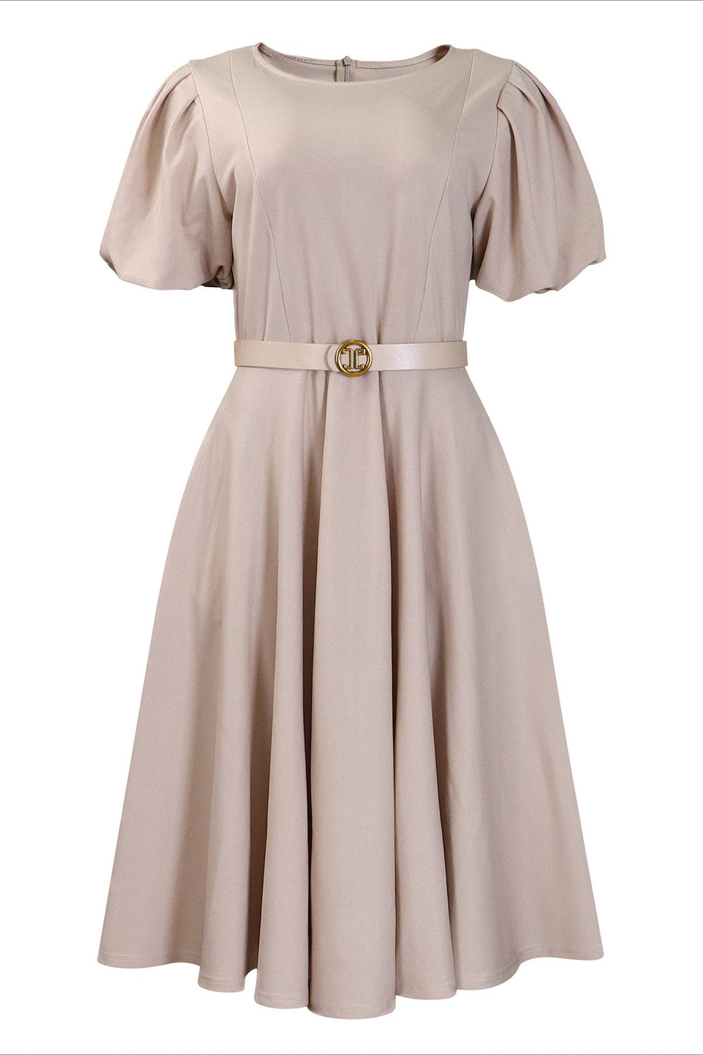 Puff Sleeve High Waist Solid Round Neck Dress Lavish Daily