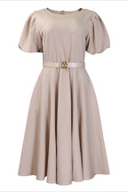 Puff Sleeve High Waist Solid Round Neck Dress Lavish Daily