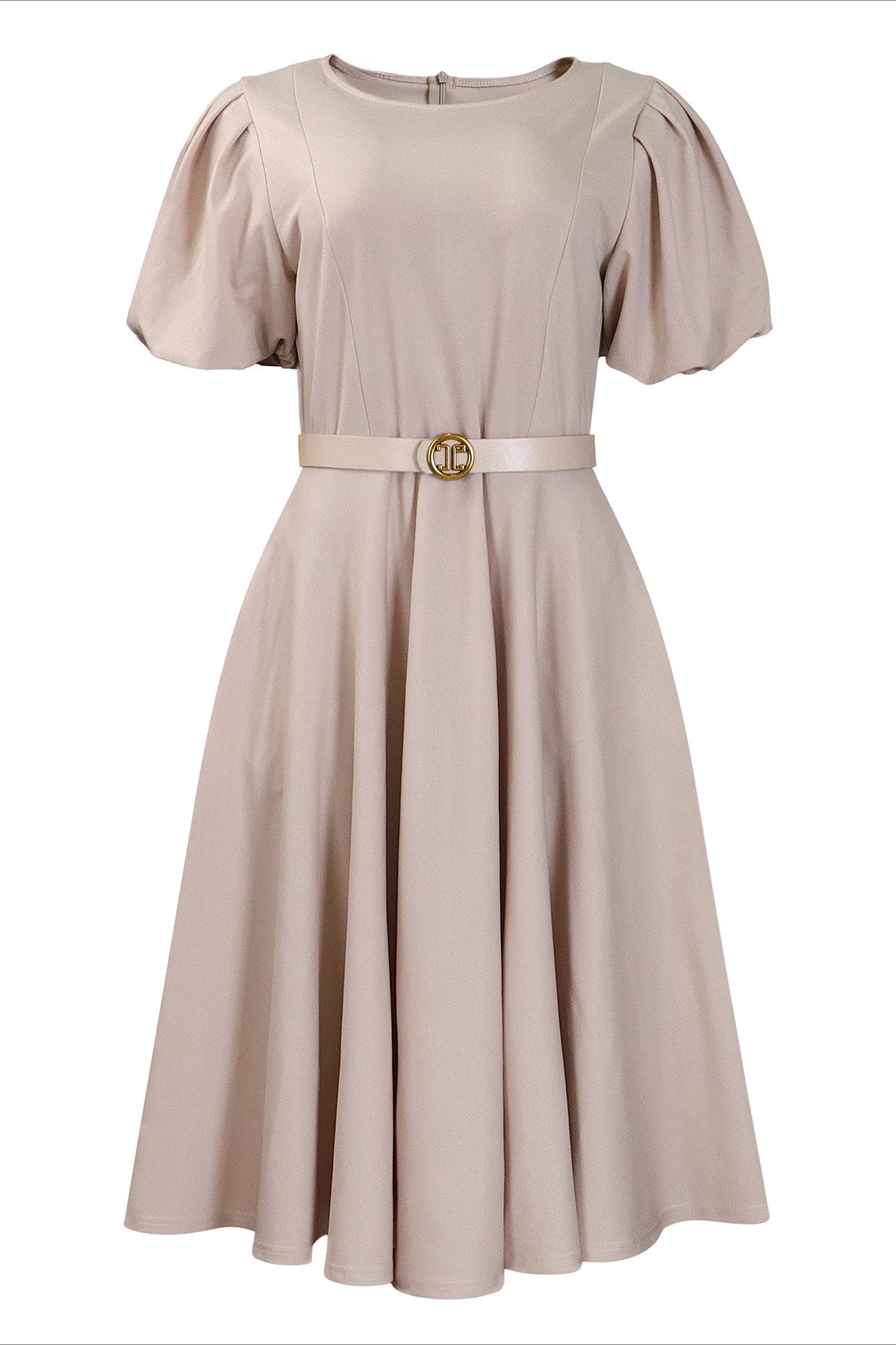 Puff Sleeve High Waist Solid Round Neck Dress Lavish Daily