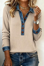 Denim Collar Long Sleeve Knit Pullover Top LavishDaily