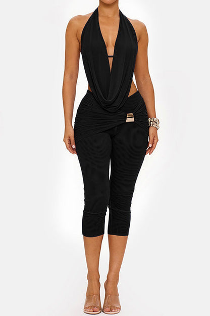Draped Halter & Sheer Mesh Capri Set Lavish Daily