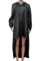 PU Hooded Drawstring High-Low Cape Jacket Lavish Daily