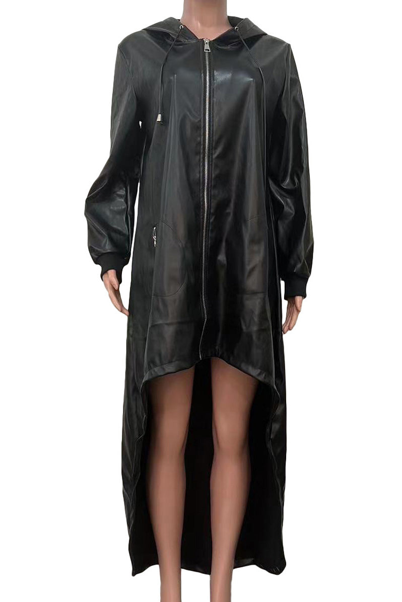 PU Hooded Drawstring High-Low Cape Jacket Lavish Daily