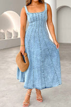 Sleeveless Backless Strappy Denim Maxi Dress Lavish Daily
