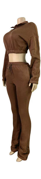 Fleece Crop Top and Flare Pants Set Lavish Daily