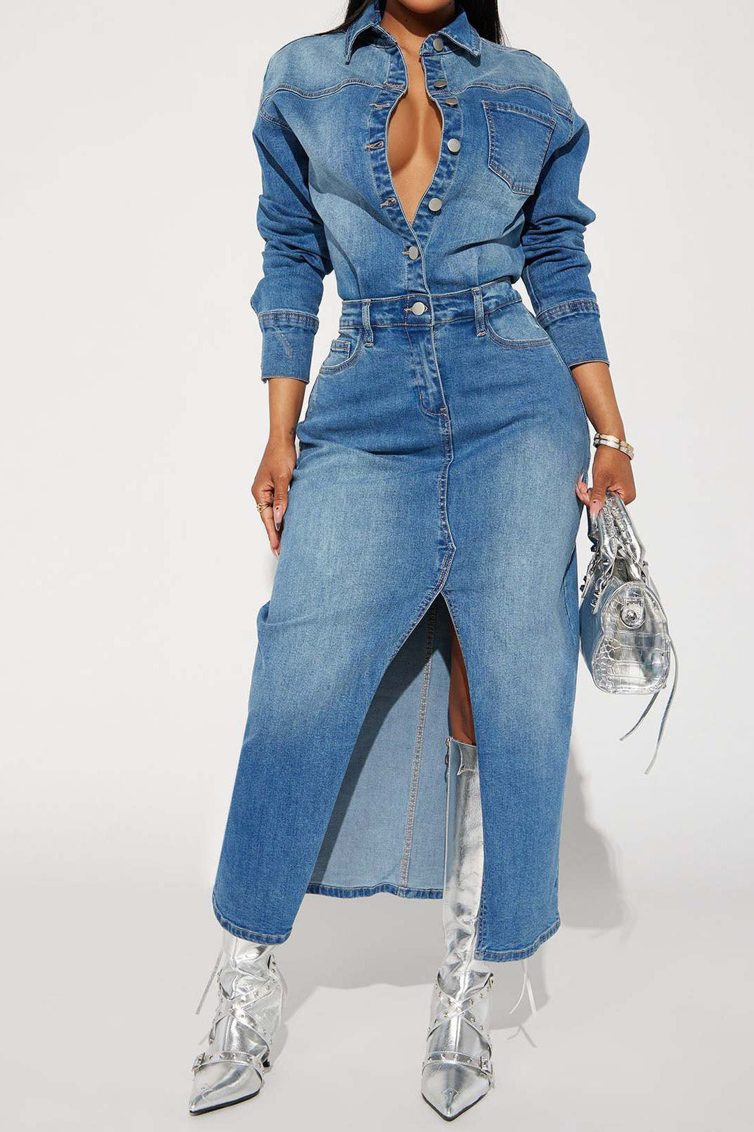 Long Sleeve Denim Trench Dress LavishDaily