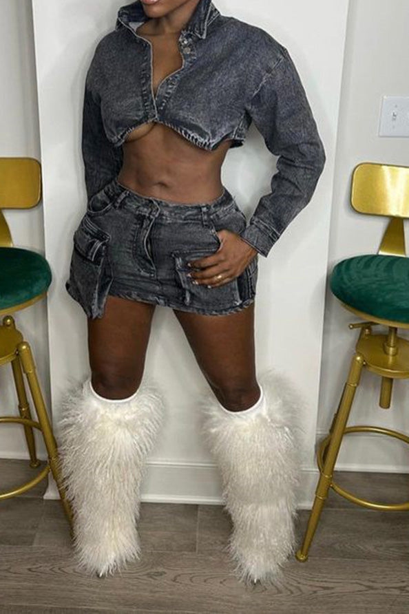 Black Denim Jacket And Skirt Set Lavish Daily